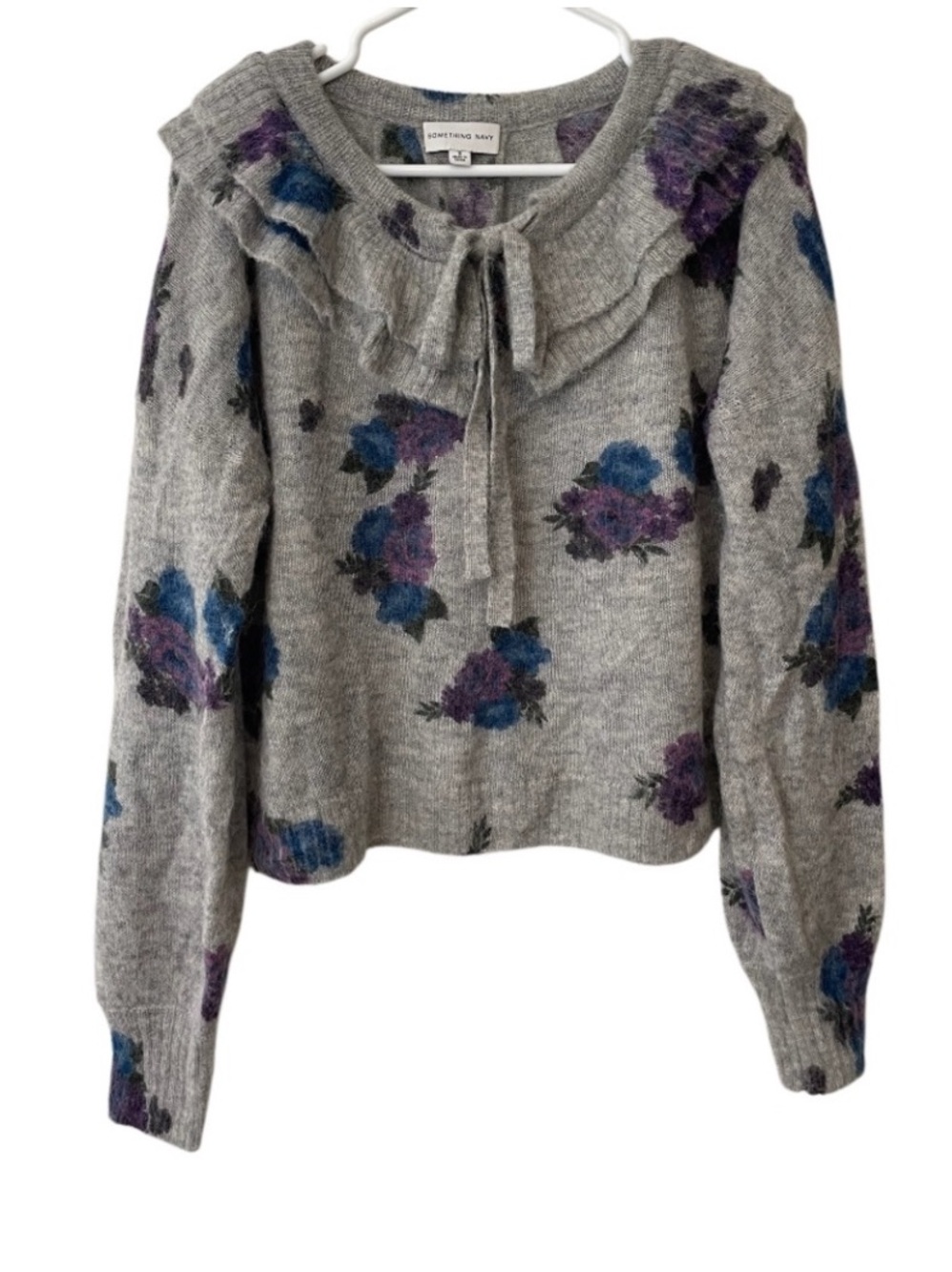 Something Navy Gray Floral Ruffle Tie-Front Sweater